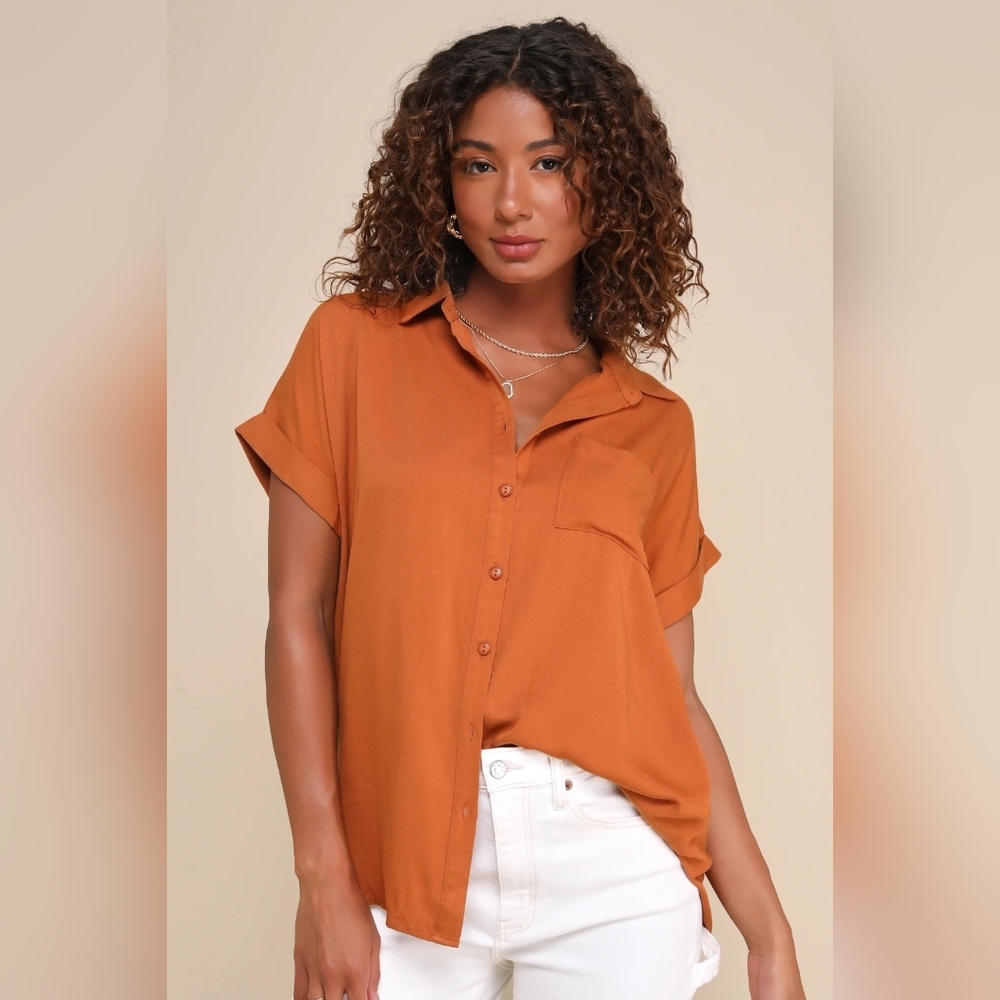 XS Blythe Rust Brown Short Sleeve Button-Up Top NWT